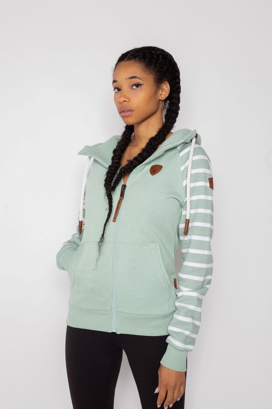 Women Wanakome Hoodies | Hera Printed Stripe Sleeve Green Bay Zip Hoodie