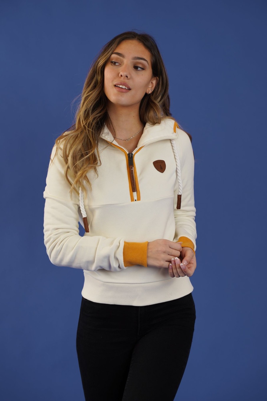 Women Wanakome Hoodies | Neva 2 Oatmeal/Sunflower Half-Zip Hoodie White