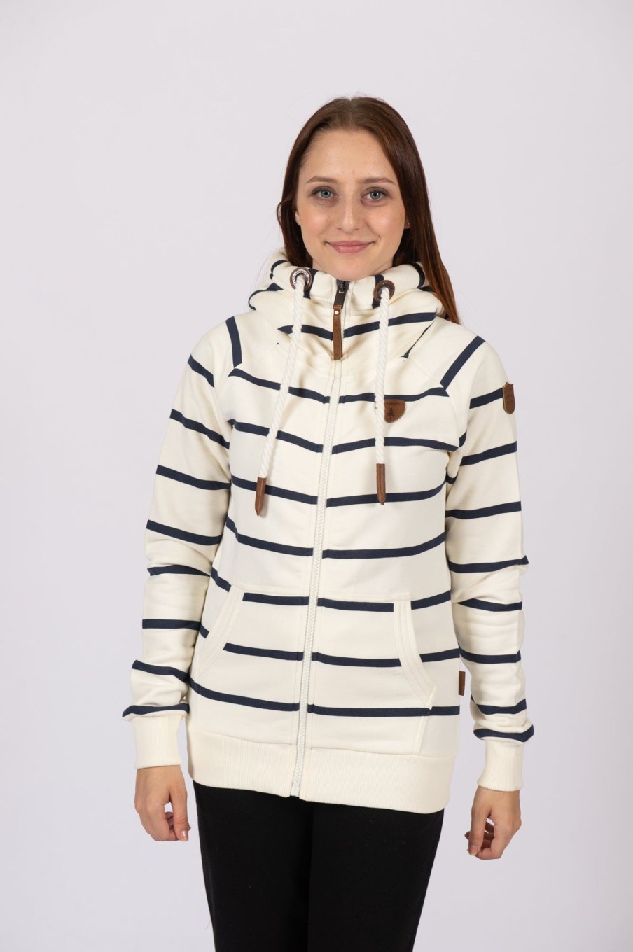 Women Wanakome Hoodies | Hera Print Wide Stripe Oatmeal Zip Hoodie White